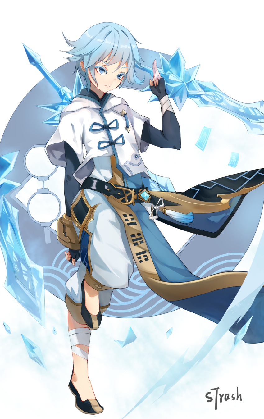 1boy absurdres bandaged_arm bandaged_leg bandages belt blue_eyes blue_hair chongyun_(genshin_impact) closed_mouth floating floating_weapon genshin_impact highres ice leg_up male_focus small_garbage solo standing standing_on_one_leg sword weapon weapon_on_back