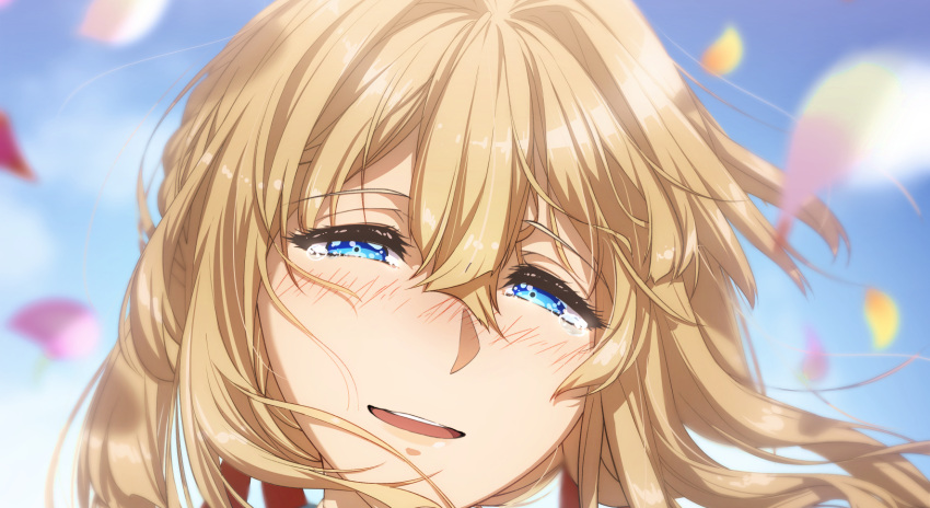1girl bangs blonde_hair blue_eyes blue_sky blush braid clouds cluseller commentary_request cropped day eyebrows_visible_through_hair face hair_ribbon half-closed_eyes happy highres looking_at_viewer nose_blush open_mouth outdoors petals red_ribbon ribbon shiny shiny_hair sky smile solo tears teeth tied_hair violet_evergarden violet_evergarden_(character)