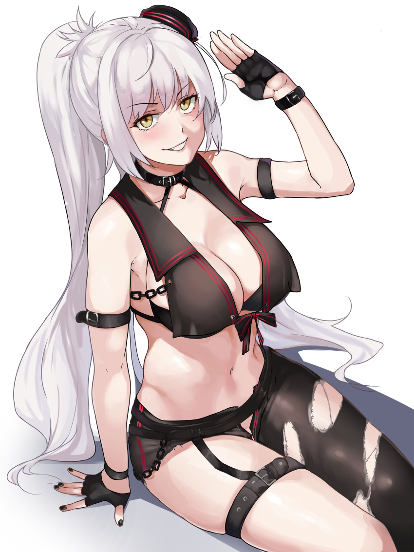 1girl absurdres asymmetrical_pants belt bikini bikini_top black_belt black_bikini black_gloves black_headwear black_nails breasts commission fate/grand_order fate_(series) fingerless_gloves gloves highres jeanne_d'arc_(alter)_(fate) jeanne_d'arc_(fate)_(all) large_breasts long_hair mystery_treasure navel pants ponytail silver_hair sitting solo swimsuit tilted_headwear todding torn_clothes torn_pants yellow_eyes