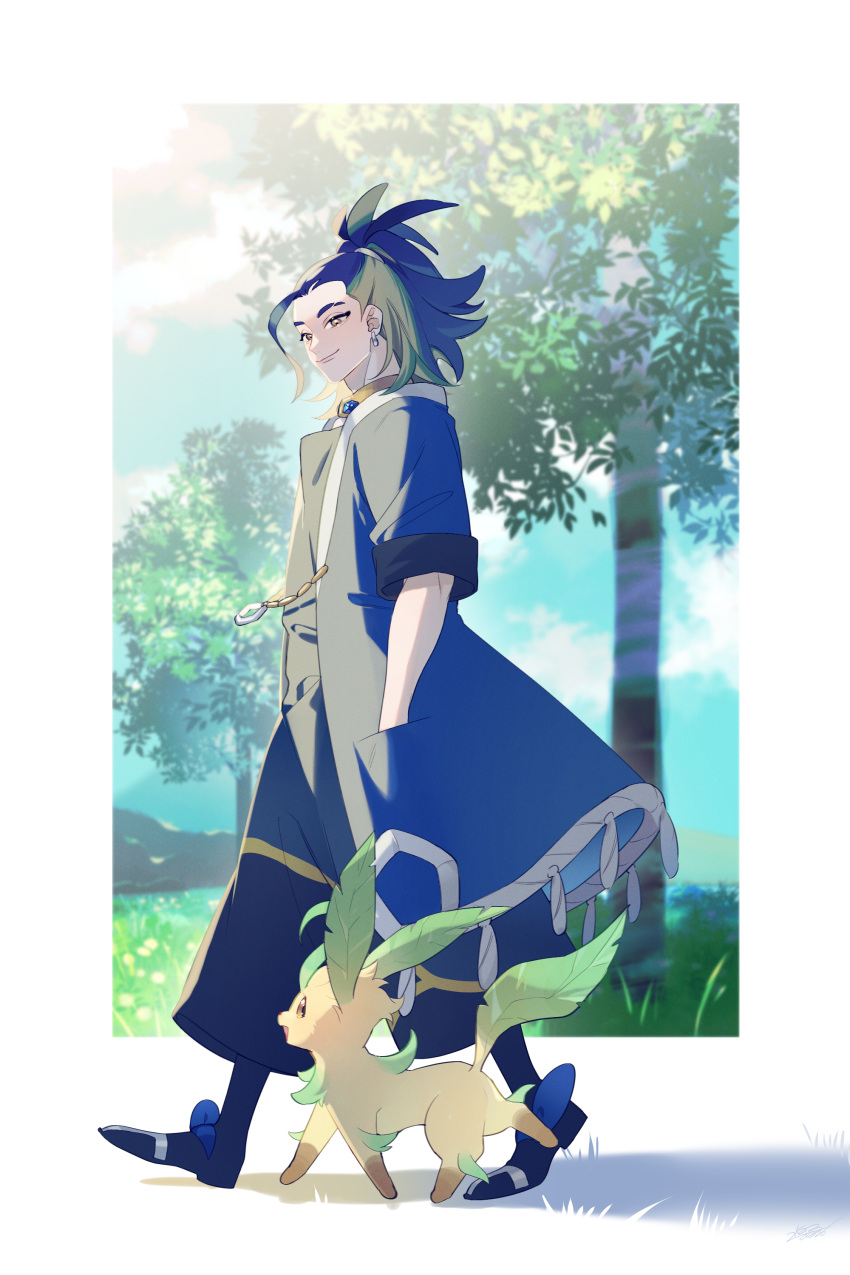 1boy absurdres adaman_(pokemon) artwele black_footwear blue_coat blue_hair border brown_eyes closed_mouth clouds coat collar commentary_request day earrings from_side grass green_hair hand_in_pocket highres jewelry leafeon looking_down male_focus multicolored_hair outdoors pokemon pokemon_(creature) pokemon_(game) pokemon_legends:_arceus shoes sky smile standing tree white_border