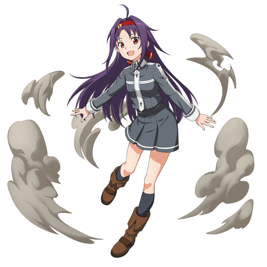 1girl :d ahoge alternate_costume black_legwear boots brown_footwear collared_jacket floating_hair full_body grey_jacket grey_skirt hair_intakes headband high-waist_skirt highres jacket kneehighs long_hair long_sleeves looking_at_viewer miniskirt official_art open_mouth pleated_skirt purple_hair red_eyes red_headband shiny shiny_hair skirt smile solo standing standing_on_one_leg sword_art_online sword_art_online:_memory_defrag sword_mastery_academy_uniform transparent_background very_long_hair wing_collar yuuki_(sao)