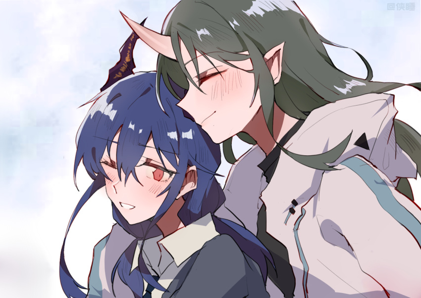 2girls alternate_costume arknights black_shirt blue_hair blue_jacket blue_neckwear blush ch'en_(arknights) closed_mouth collared_shirt commentary dragon_horns eyebrows_visible_through_hair from_side green_hair hair_between_eyes hood hooded_jacket horns hoshiguma_(arknights) jacket kyou_039 long_hair multiple_girls necktie one_eye_closed oni_horns profile red_eyes shirt single_horn smile turtleneck upper_body white_jacket white_shirt wing_collar yuri