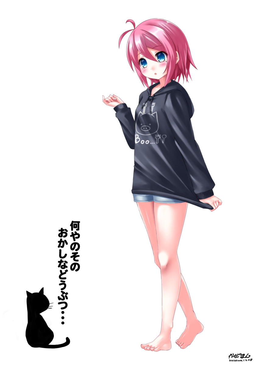 1girl :o animal antenna_hair bangs barefoot black_hoodie blue_eyes blue_shorts blush breasts cat clothes_writing copyright_request drawstring eyebrows_visible_through_hair full_body hair_between_eyes hand_up highres hood hood_down hoodie kaze_makase long_sleeves mole mole_under_eye parted_lips pig_print pink_hair print_hoodie short_shorts shorts signature simple_background sleeves_past_wrists small_breasts solo standing translation_request virtual_youtuber walking white_background