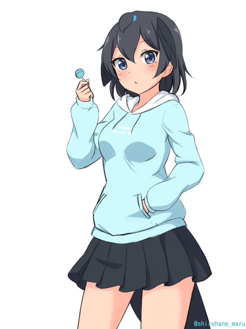 1girl absurdres alternate_costume bangs black_hair black_skirt blue_eyes blue_hoodie blush breasts candy casual cowboy_shot food greater_lophorina_(kemono_friends) hair_between_eyes hand_in_pocket hand_up head_wings highres holding holding_candy holding_food holding_lollipop hood hood_down hoodie kemono_friends lollipop long_sleeves looking_at_viewer medium_breasts medium_hair open_mouth pleated_skirt shiraha_maru simple_background skirt solo tail twitter_username white_background