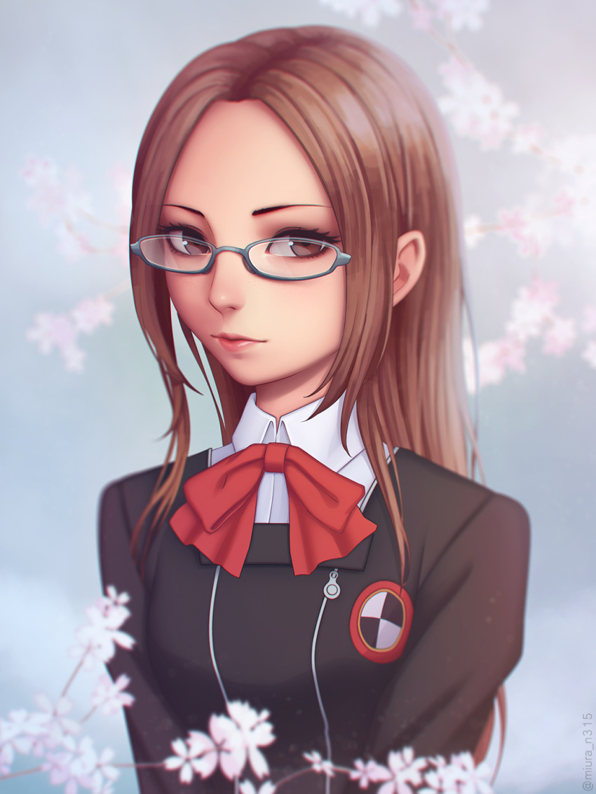 1girl bow brown_eyes brown_hair closed_mouth fushimi_chihiro glasses highres lipstick long_hair looking_at_viewer makeup miura-n315 persona persona_3 school_uniform solo