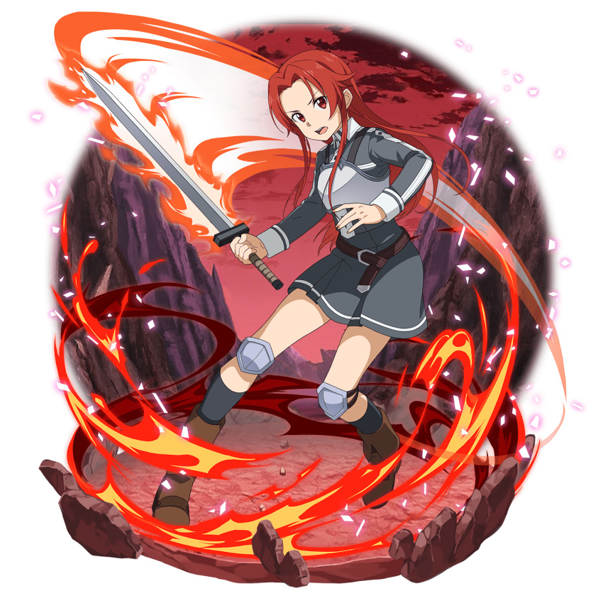 1girl belt black_legwear boots breastplate brown_belt brown_footwear collared_dress dress faux_figurine fire floating_hair full_body grey_dress hair_intakes highres holding holding_sword holding_weapon kneehighs long_hair long_sleeves looking_at_viewer official_art open_mouth pleated_dress red_eyes red_sky redhead shiny shiny_hair short_dress sky solo standing sword sword_art_online sword_art_online:_memory_defrag sword_mastery_academy_uniform tiese_schtrinen transparent_background very_long_hair weapon wing_collar