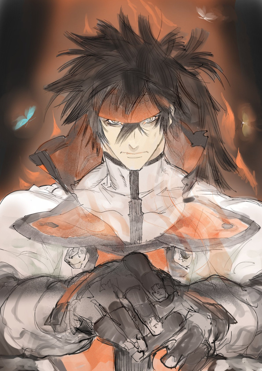1boy 2344 animal black_gloves blue_butterfly bug butterfly closed_mouth collarbone covered_collarbone english_text gloves guilty_gear hair_between_eyes headgear highres insect long_hair looking_at_viewer order-sol sketch sol_badguy solo yellow_butterfly yellow_eyes