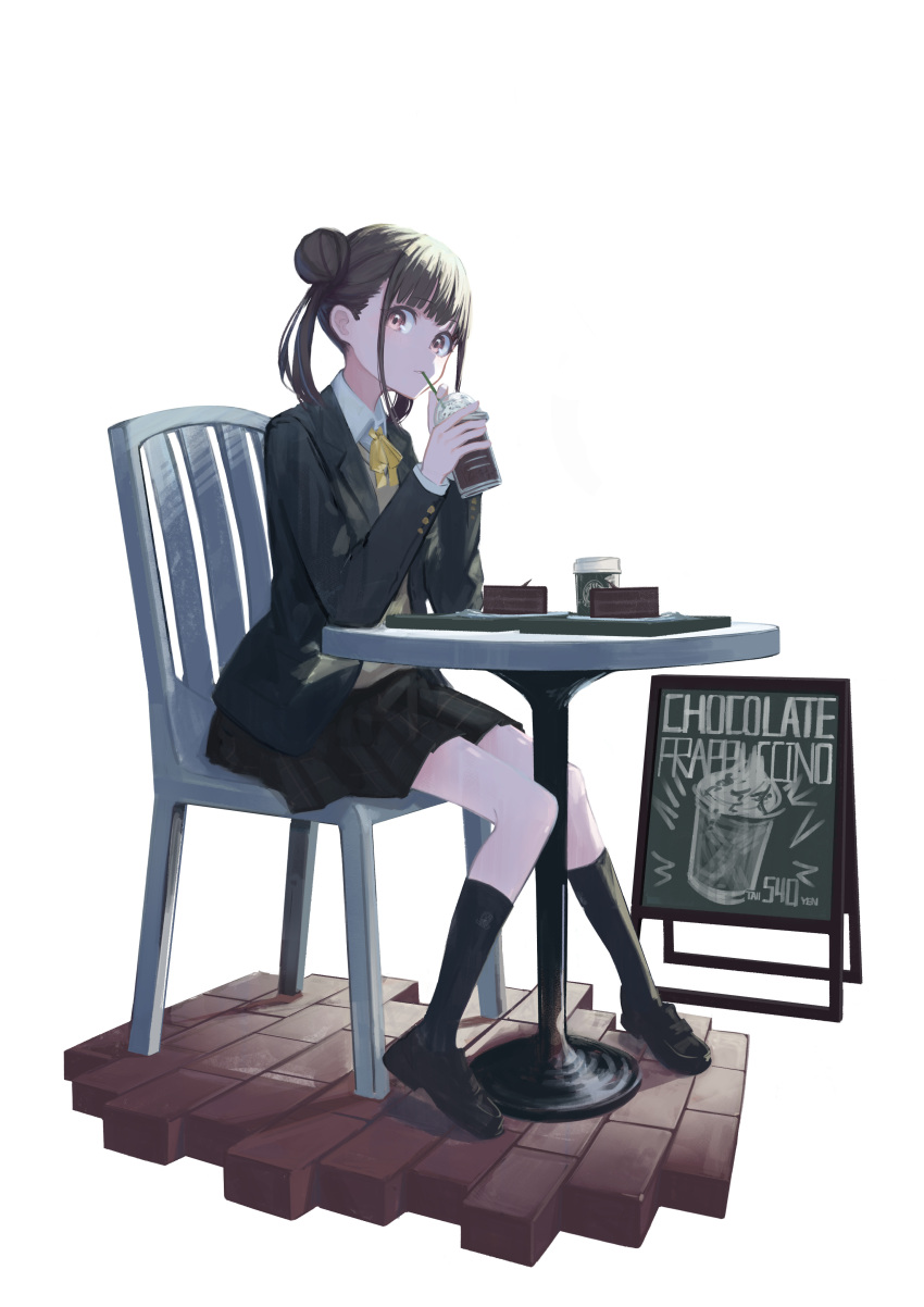 1girl absurdres artist_request black_jacket black_legwear brown_eyes brown_hair cake chair chalkboard_sign chocolate_cake commentary_request cup disposable_cup double_bun drinking food full_body highres idolmaster idolmaster_shiny_colors jacket kneehighs loafers long_sleeves looking_at_viewer medium_hair miniskirt neck_ribbon plaid plaid_skirt pleated_skirt ribbon school_uniform shoes short_twintails sitting skirt solo sonoda_chiyoko sweater_vest table twintails white_background yellow_neckwear yellow_ribbon