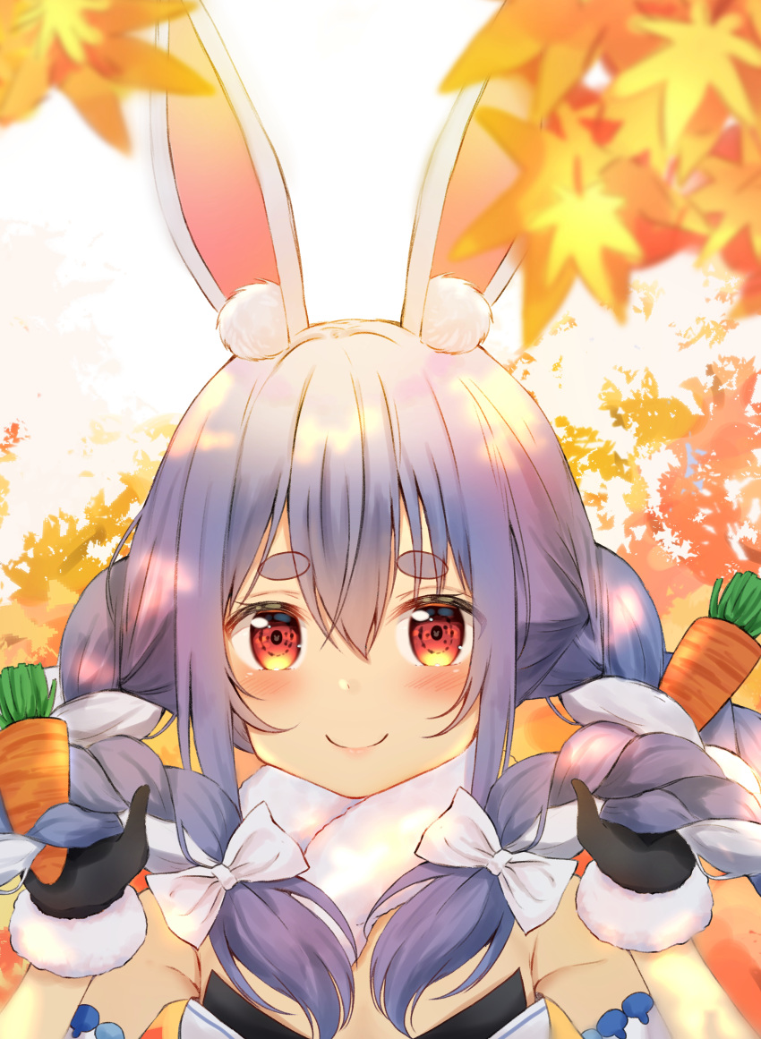 absurdres animal_ears autumn bangs black_gloves blue_hair blush bow braid carrot eyebrows_visible_through_hair fur_collar fur_trim gloves hair_between_eyes hair_bow half_gloves highlights highres hololive hololive_fantasy huge_filesize leaf maziyabakune multicolored_hair orange_eyes outdoors rabbit_ears sidelocks smile solo strapless thick_eyebrows twin_braids twintails upper_body usada_pekora virtual_youtuber white_background white_bow