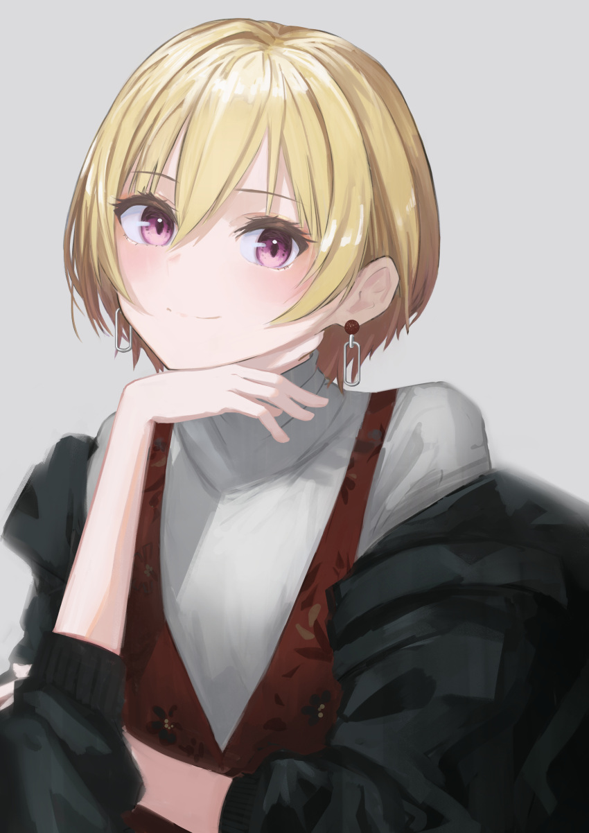 1girl absurdres artist_request black_jacket blonde_hair chin_rest commentary_request earrings grey_background highres idolmaster idolmaster_shiny_colors jacket jewelry light_smile looking_at_viewer off-shoulder_jacket saijou_juri short_hair sleeves_past_elbows solo turtleneck upper_body violet_eyes