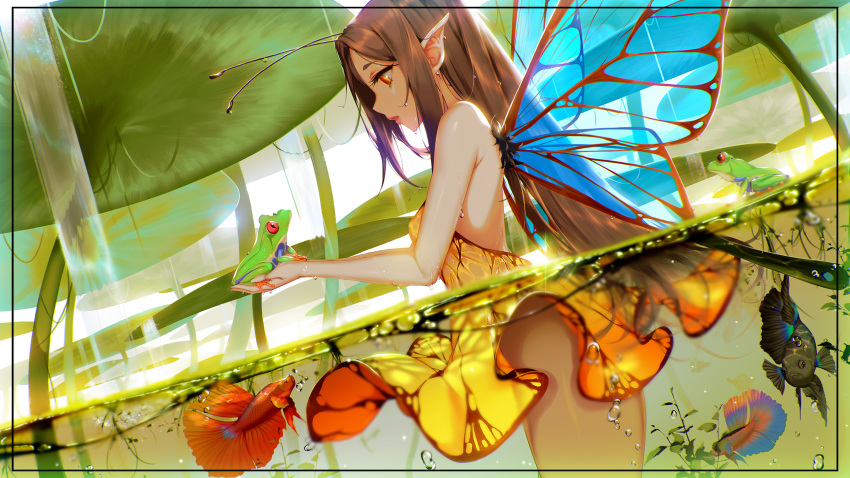 1girl afloat air_bubble animal antennae backlighting bare_shoulders blueorca border bubble butterfly_wings dress dripping dutch_angle fairy fairy_wings fish frog from_side hands_together highres holding holding_animal lily_pad lips long_hair looking_at_animal nature orange_eyes original outdoors partially_submerged partially_underwater_shot plant pointy_ears profile red-eyed_tree_frog siamese_fighting_fish solo strapless strapless_dress swimming transparent very_long_hair water wet wings yellow_dress