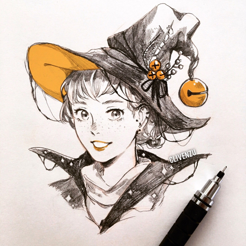 1girl :d bell clivenzu commentary earrings english_commentary freckles graphite_(medium) hair_bell hair_bun hair_ornament hat highres inktober jewelry jingle_bell looking_at_viewer mechanical_pencil mixed_media open_mouth orange_theme original pencil photo_(medium) portrait short_hair smile solo spot_color traditional_media witch_hat