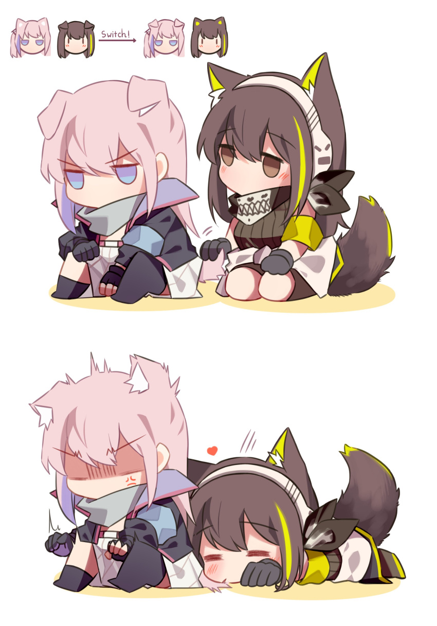 2girls absurdres anger_vein animal_ears armband bangs black_gloves blush brown_eyes brown_hair chibi closed_eyes dog_ears dog_girl dog_tail english_commentary girls_frontline gloves headphones highres jacket long_hair long_sleeves m4a1_(girls_frontline) multicolored_hair multiple_girls pink_hair purple_hair scarf shaded_face simple_background sitting st_ar-15_(girls_frontline) streaked_hair tail violet_eyes white_background yuutama2804