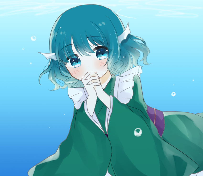 1girl aqua_hair bangs blue_eyes blush bubble commentary_request covering_mouth drill_hair eyebrows_visible_through_hair eyes_visible_through_hair gradient gradient_background green_kimono hands_clasped head_fins highres japanese_clothes kimono long_sleeves looking_at_viewer own_hands_together purple_sash sash short_hair solo touhou umi_(nana_spring) underwater upper_body wakasagihime wide_sleeves