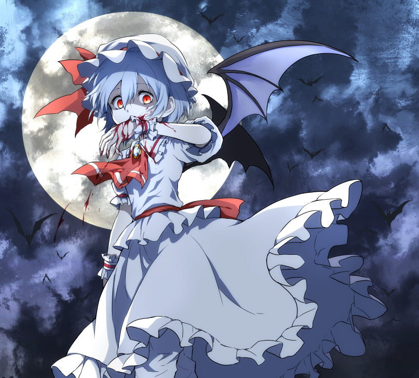 1girl absurdres ascot bat bat_wings blood bloody_clothes bloody_hands brooch commentary_request dark_background flat_chest frilled_shirt frilled_skirt frills full_moon hair_between_eyes hat highres jewelry looking_at_viewer mob_cap moon night puffy_short_sleeves puffy_sleeves purple_hair red_eyes red_neckwear remilia_scarlet shaded_face shimoda_masaya shirt short_hair short_sleeves skirt solo touhou white_headwear white_shirt white_skirt wings wrist_cuffs