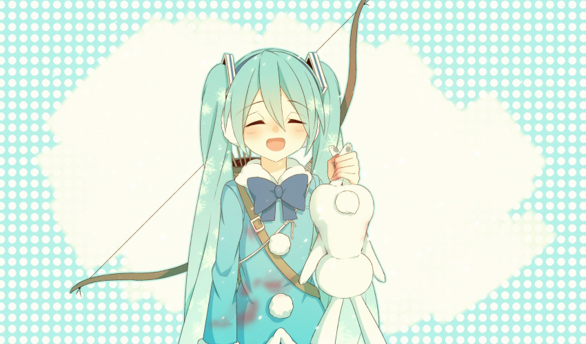 1girl 1other animal blood bloody_clothes bloody_hands blue_bow blue_coat blue_neckwear bow bowtie closed_eyes coat commentary earmuffs facing_viewer fur-trimmed_coat fur_trim hatsune_miku highres holding holding_animal holding_another holding_bunny hunting long_hair quiver rabbit rabbit_yukine sakakidani smile symbol_commentary twintails upper_body upside-down very_long_hair vocaloid yuki_miku yuki_miku_(2012)
