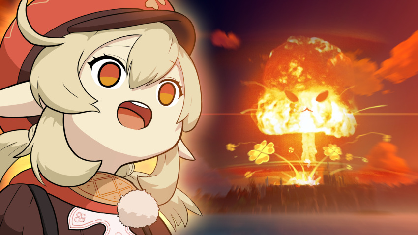 1girl ahoge blonde_hair cabbie_hat empty_eyes explosion genshin_impact greenlegacy hat highres klee_(genshin_impact) open_mouth pointy_ears red_eyes smile solo