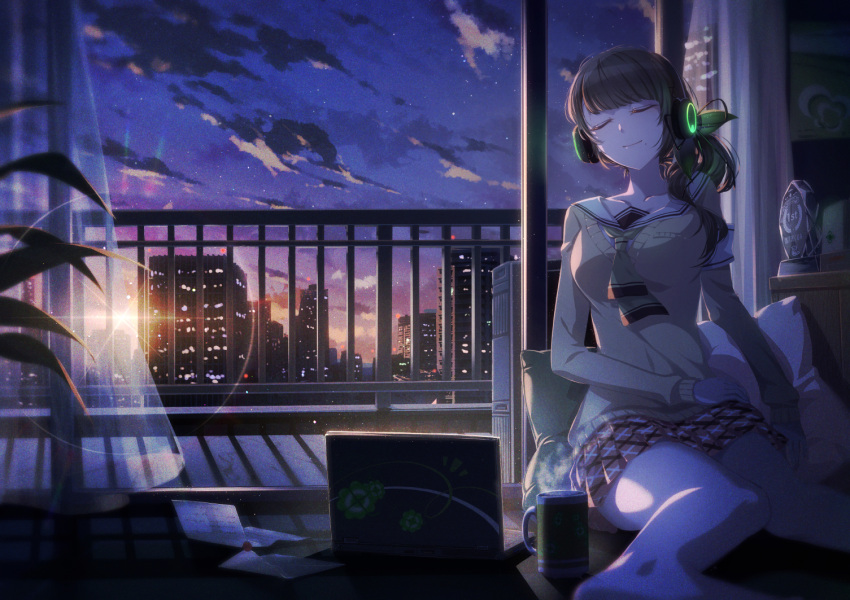 1girl bangs barefoot blue_sky breasts building city closed_eyes closed_mouth clouds cluseller collarbone commentary_request computer cup curtains cushion drink envelope eyebrows_visible_through_hair glowing gradient_sky green_neckwear green_ribbon hair_ribbon happy headphones hinamizawa_kurumi indoors knees_together_feet_apart laptop letter long_sleeves medium_breasts miniskirt mole mole_under_mouth mug neckerchief orange_skirt paper pleated_skirt pygmalion._(group) railing ribbon shirt side_ponytail sitting skirt sky skyscraper smile solo star_(sky) steam sunset sweater tied_hair trophy virtual_youtuber white_shirt yellow_sweater
