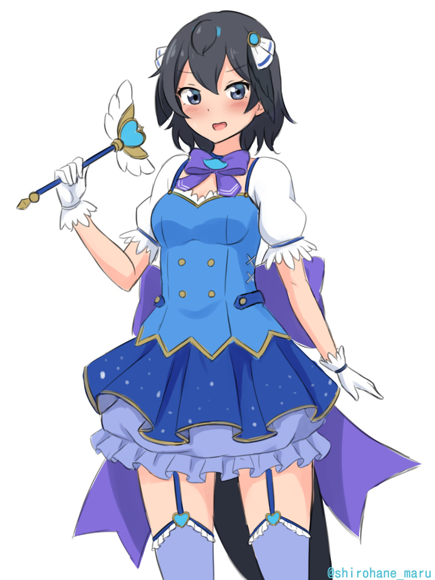 1girl :d absurdres alternate_costume black_hair blue_shirt blue_skirt blush cowboy_shot garter_straps gloves greater_lophorina_(kemono_friends) hair_ornament head_wings highres kemono_friends looking_at_viewer magical_girl medium_hair open_mouth puffy_short_sleeves puffy_sleeves shiraha_maru shirt short_sleeves simple_background skirt smile solo tail thigh-highs twitter_username underskirt wand white_background white_gloves