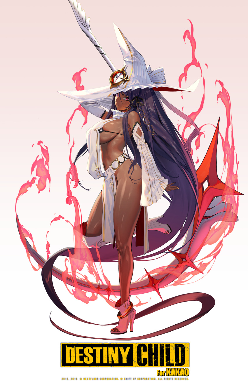 1girl absurdres bare_shoulders breasts cacus copyright_name dark_skin destiny_child fire full_body hair_between_eyes hair_ornament hat heterochromia high_heels highres large_breasts logo long_hair mole mole_under_eye mole_under_mouth official_art red_eyes scythe sideboob solo standing standing_on_one_leg very_long_hair violet_eyes zig90