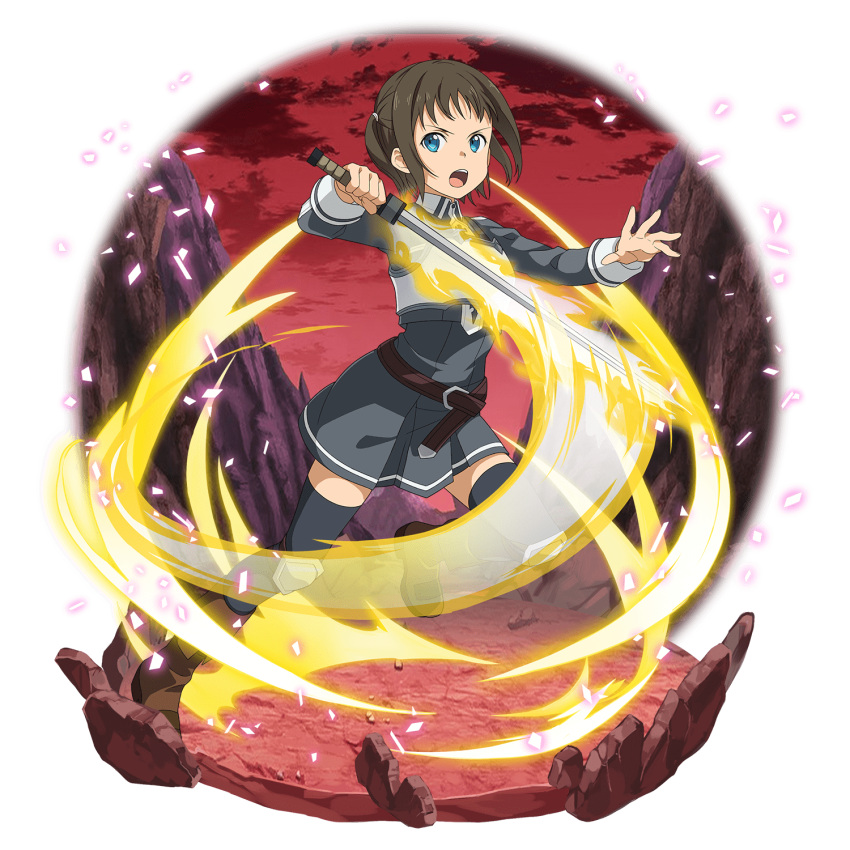 1girl black_legwear blue_eyes boots brown_footwear brown_hair dress faux_figurine full_body grey_dress hair_ornament highres holding holding_sword holding_weapon long_sleeves official_art open_mouth pleated_dress ronye_arabel shiny shiny_hair short_dress short_hair solo sword sword_art_online sword_art_online:_memory_defrag sword_mastery_academy_uniform thigh-highs transparent_background twintails v-shaped_eyebrows weapon zettai_ryouiki