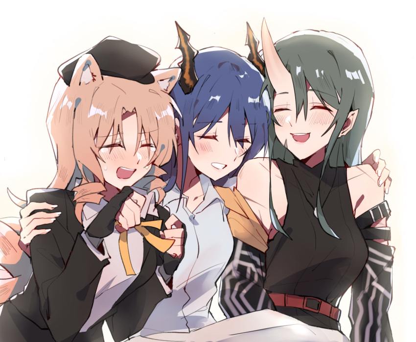 3girls animal_ears arknights arm_around_shoulder arm_warmers armband backlighting bangs black_gloves black_jacket black_shirt blonde_hair blue_hair blush breasts ch'en_(arknights) closed_eyes collared_shirt commentary dragon_horns dress_shirt drill_hair eyebrows_visible_through_hair fingerless_gloves gloves green_hair grin hair_between_eyes highres horns hoshiguma_(arknights) hoshiguma_(patrolling_ronin)_(arknights) jacket kyou_039 laughing long_hair medium_breasts multiple_girls oni_horns open_clothes open_jacket open_mouth parted_bangs scar scar_on_cheek scar_on_face shirt side_drill simple_background single_horn sleeveless sleeveless_shirt smile sweatdrop swire_(arknights) tiger_ears turtleneck twin_drills upper_body white_background white_shirt