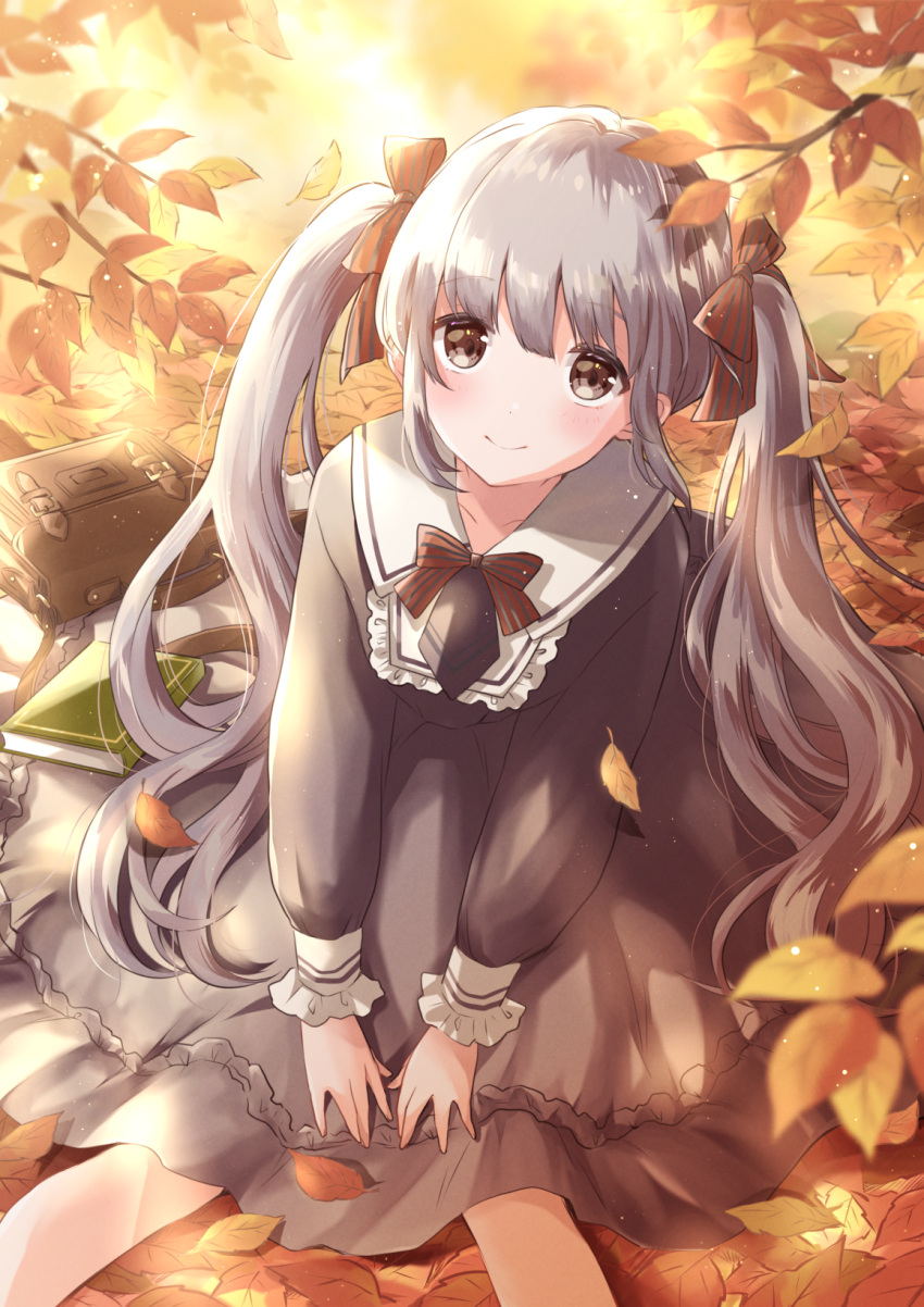 1girl autumn bag black_dress blush bow brown_eyes dress eyebrows_visible_through_hair forest grey_hair hair_bow highres hoshiibara_mato legs long_hair long_sleeves nature original outdoors pinafore_dress red_bow sailor_dress school_bag sitting smile solo twintails