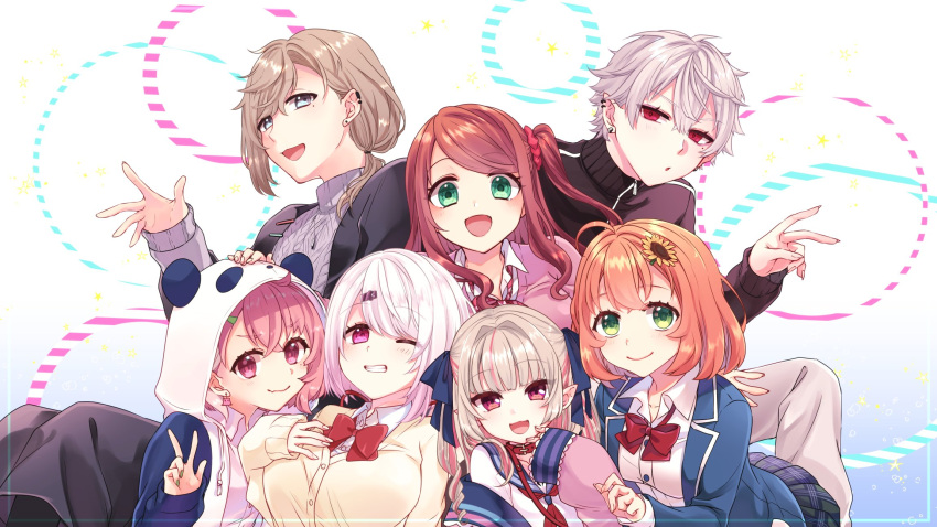 2boys 5girls akabane_youko blush commentary_request fang hair_ornament highres honma_himawari kanae_(nijisanji) kuzuha_(nijisanji) looking_at_viewer makaino_ririmu multiple_boys multiple_girls nijisanji one_eye_closed open_mouth sasaki_saku school_uniform shiina_yuika short_hair virtual_youtuber yayoi_(egoistic_realism)