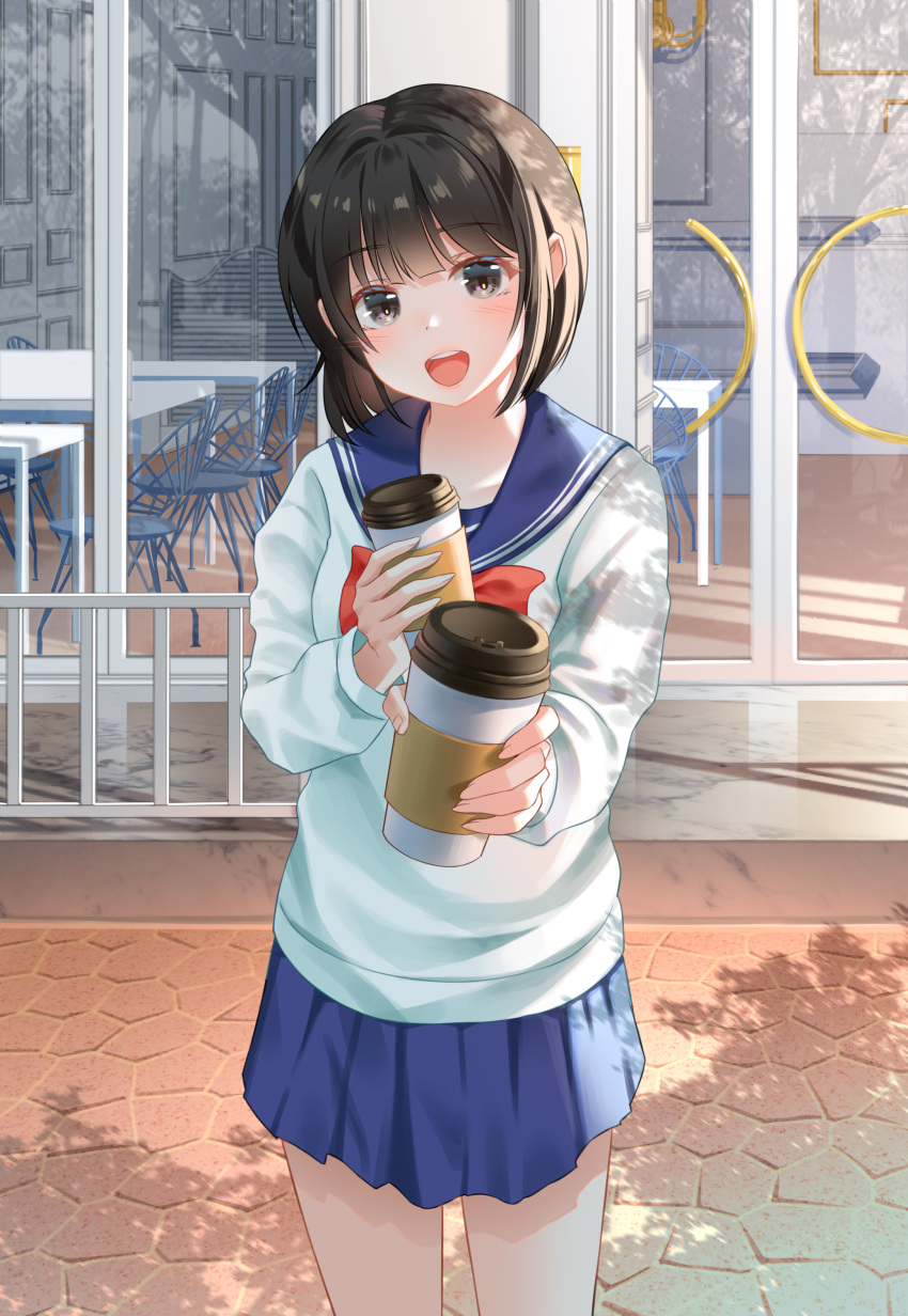 1girl :d absurdres bangs black_hair blue_sailor_collar blue_skirt blush bow breasts brown_eyes chair cup disposable_cup eyebrows_visible_through_hair gonzz_(gon2rix) head_tilt highres holding holding_cup long_sleeves looking_at_viewer open_mouth original outdoors pleated_skirt red_bow sailor_collar school_uniform serafuku shirt skirt small_breasts smile solo standing table upper_teeth white_shirt window