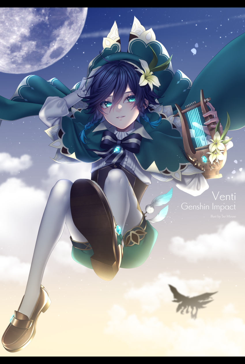 1boy absurdres beni_sui black_hair blue_eyes blue_hair blurry blurry_background blush braid cape clouds cloudy_sky distant dvalin_(genshin_impact) english_text falling feathers flower gem genshin_impact gradient_hair green_headwear hair_flower hair_ornament hat highres instrument jewelry long_sleeves looking_at_viewer lyre male_focus moon multicolored_hair open_mouth otoko_no_ko pantyhose ribbon shoes shorts silhouette sky smile solo star_(sky) starry_sky twin_braids venti_(genshin_impact) white_flower white_legwear