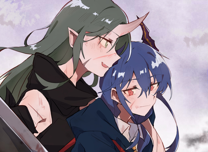 2girls arknights arm_around_shoulder armband black_shirt blue_hair blue_jacket ch'en_(arknights) closed_mouth collared_shirt commentary cuts dragon_horns eyebrows_visible_through_hair fang from_side green_eyes green_hair hair_between_eyes holding holding_shield horns hoshiguma_(arknights) hug injury jacket kyou_039 long_hair medium_hair multiple_girls necktie oni_horns open_mouth profile red_eyes scar scar_on_cheek scar_on_face shield shirt single_horn sleeveless sleeveless_shirt smile upper_body white_shirt wing_collar yellow_neckwear