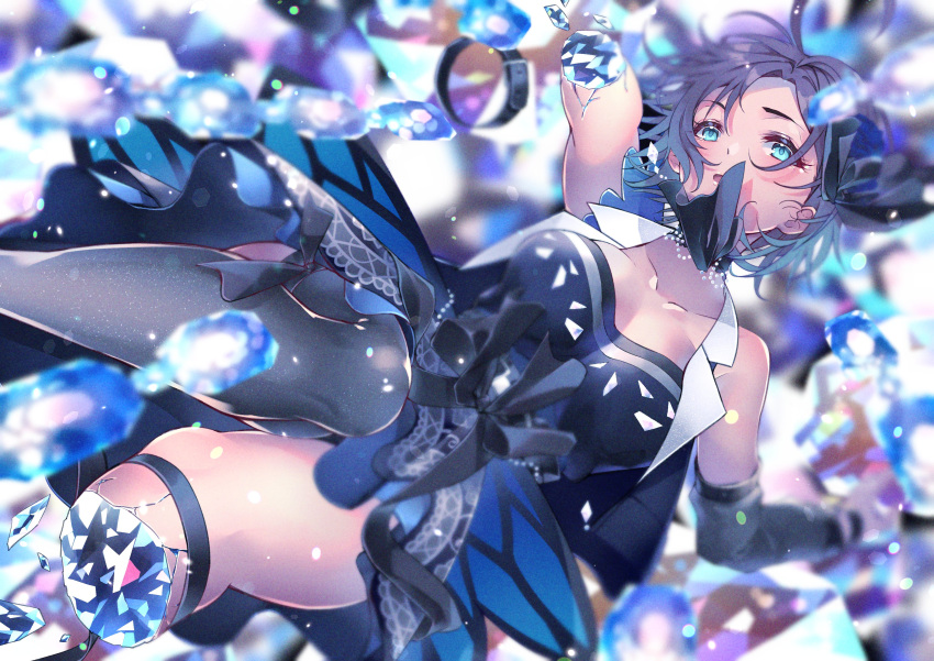 1girl absurdres ahoge amputee asakura_tooru bare_shoulders black_legwear black_ribbon blue_eyes blue_hair blurry blurry_background breasts brown_hair commentary_request detached_sleeves dress film_grain gem gradient_hair hair_ribbon highres idolmaster idolmaster_shiny_colors layered_skirt looking_at_viewer medium_breasts missing_limb multicolored_hair puni_(punycolors) ribbon shatter shattered short_dress short_hair single_thighhigh skindentation skirt solo strapless strapless_dress thigh-highs thighs vest