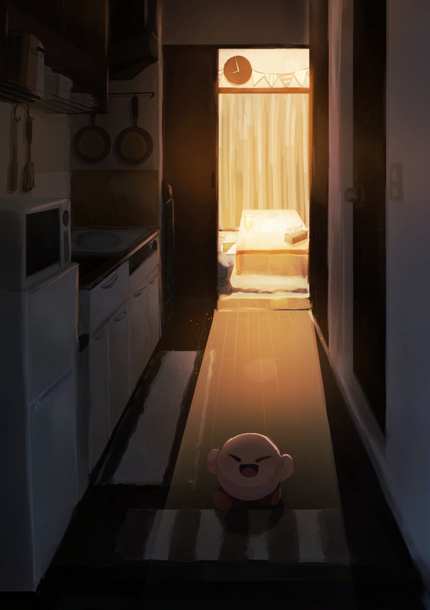1boy :d absurdres closed_eyes commentary_request dark_room door fen_fen_fen_fen highres indoors kirby kirby_(series) kitchen microwave open_door open_mouth pot refrigerator sink smile stove table tissue_box