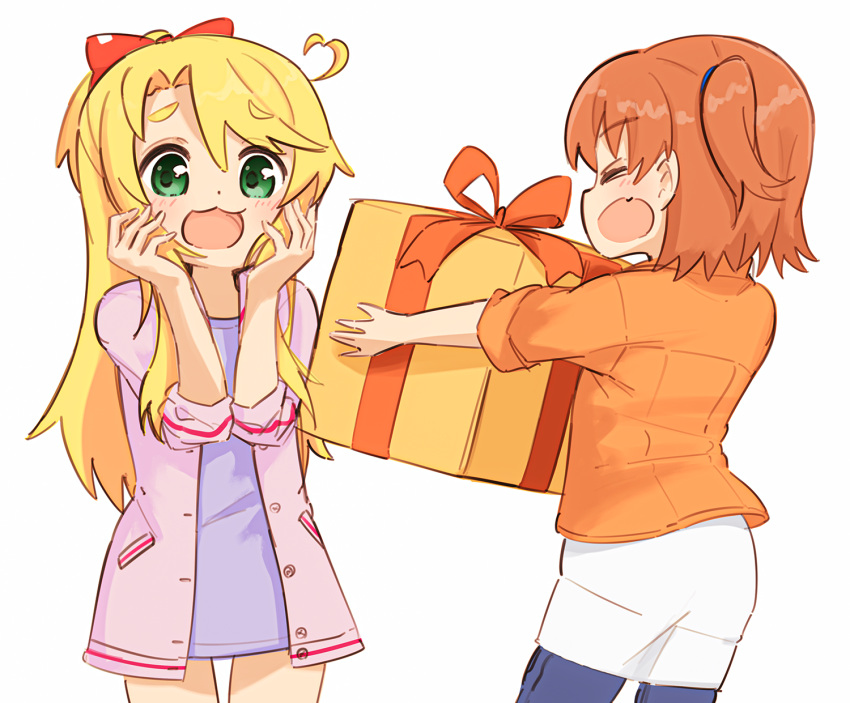 2girls :3 :d ahoge birthday blonde_hair blush bow box brown_hair casual closed_eyes commentary eyebrows_visible_through_hair facing_another fang gift green_eyes hair_bow hands_up happy heart_ahoge highres himesaka_noa holding holding_box hoshino_hinata jacket long_hair looking_at_another manse multiple_girls open_clothes open_jacket open_mouth orange_jacket purple_jacket purple_shirt red_bow shirt short_hair shorts simple_background skin_fang smile standing thick_eyebrows watashi_ni_tenshi_ga_maiorita! white_background white_shorts