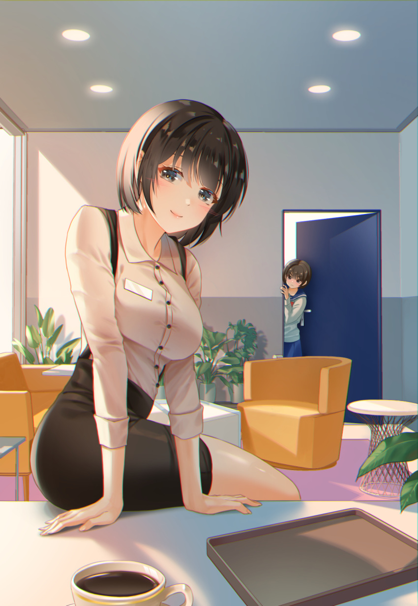 &gt;:( 2girls absurdres bangs black_hair black_skirt blue_sailor_collar blue_skirt blush breasts brown_shirt chair closed_mouth collared_shirt commentary_request couch cup desk dress_shirt eyebrows_behind_hair gonzz_(gon2rix) grey_eyes hair_between_eyes highres indoors light_frown looking_at_viewer medium_breasts multiple_girls on_desk open_door original peeking_out pencil_skirt pleated_skirt sailor_collar school_uniform serafuku shirt sitting sitting_on_desk skirt smile solo_focus suspender_skirt suspenders table tray v-shaped_eyebrows white_shirt