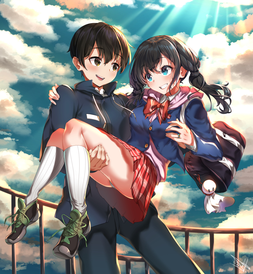 1boy 1girl absurdres acuma amano_hina_(tenki_no_ko) black_hair blue_eyes brown_eyes carrying clouds cloudy_sky commentary commission couple english_commentary eye_contact hand_on_another's_shoulder hetero highres jewelry kneehighs light_rays long_sleeves looking_at_another morishima_hodaka_(tenki_no_ko) panties pantyshot princess_carry railing ring school_uniform sky smile sunbeam sunlight tenki_no_ko twintails underwear white_legwear white_panties