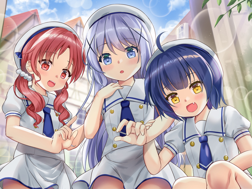 3girls :d ahoge bangs beret blue_eyes blue_hair blue_neckwear blurry blurry_background blush building chimame-tai commentary_request day depth_of_field eyebrows_visible_through_hair fingernails gochuumon_wa_usagi_desu_ka? hair_ornament hair_scrunchie hand_up hat highres jouga_maya kafuu_chino kafuu_chino's_school_uniform long_hair low_twintails multiple_girls natsu_megumi necktie niiya open_mouth outdoors parted_bangs puffy_short_sleeves puffy_sleeves red_eyes redhead revision sailor_collar school_uniform scrunchie shirt short_necktie short_sleeves skirt smile squatting town twintails very_long_hair white_headwear white_sailor_collar white_scrunchie white_shirt white_skirt x_hair_ornament yellow_eyes