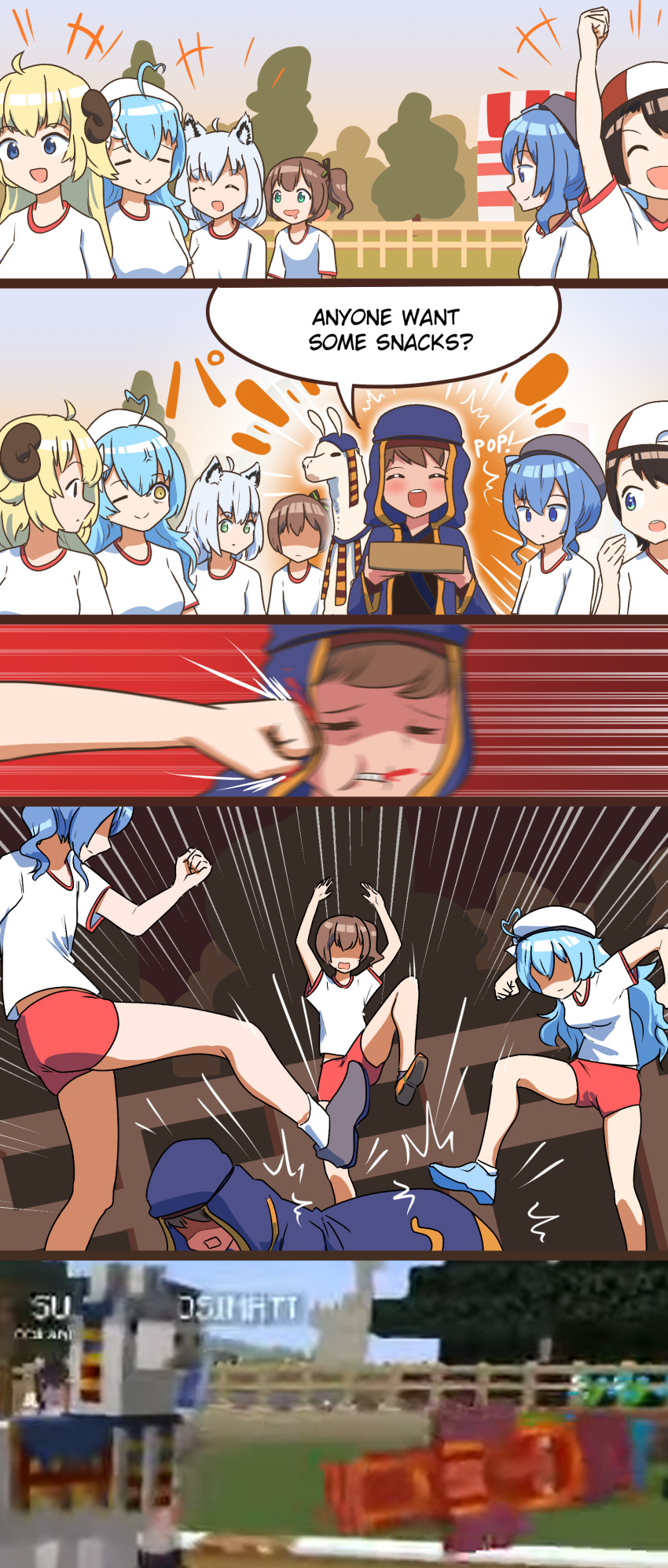 6+girls absurdres ahoge animal_ear_fluff animal_ears bangs beret black_hair blonde_hair blue_eyes blue_hair brown_hair buruma closed_eyes closed_mouth commentary day death english_commentary face_punch fence fighting fox_ears fox_girl game_screenshot green_eyes gym_uniform hat highres hololive horns hoshimachi_suisei in_the_face jojo_no_kimyou_na_bouken kicking llama long_hair medium_hair meme minecraft motion_lines multiple_girls natsuiro_matsuri one_eye_closed oozora_subaru open_mouth outdoors pompmaker1 punching saliva sheep_girl sheep_horns shirakami_fubuki shirt short_hair short_sleeves side_ponytail smile standing tree tsunomaki_watame virtual_youtuber wandering_trader_(minecraft) white_hair white_shirt yellow_eyes yukihana_lamy