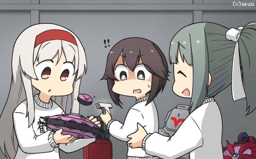 3girls alternate_costume black_hair brown_eyes closed_eyes clothes_removed commentary_request dated grey_eyes grey_hair hairband hamu_koutarou hayasui_(kantai_collection) highres kantai_collection long_hair multiple_girls ponytail red_hairband robot short_hair shoukaku_(kantai_collection) surprised sweater ufo white_hair white_sweater yuubari_(kantai_collection)