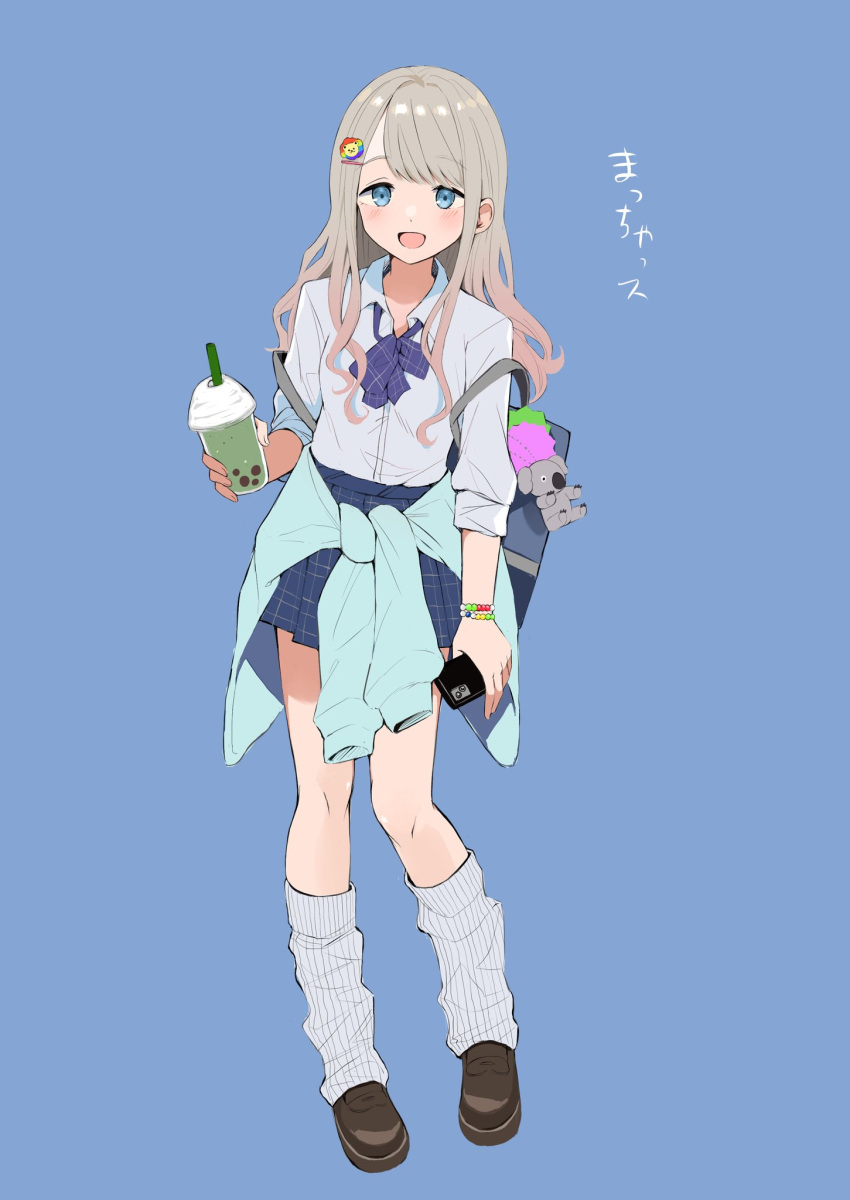 1girl :d bag blue_background blush bracelet bubble_tea cellphone cup dddd_akagi disposable_cup eyebrows_visible_through_hair full_body gradient_hair grey_hair gyaru hair_ornament hairpin highres holding holding_cup holding_phone idolmaster idolmaster_shiny_colors jacket jacket_partially_removed jewelry kogal loafers long_hair looking_at_viewer loose_neck_ribbon loose_socks multicolored_hair phone pink_hair plaid plaid_skirt pleated_skirt school_bag school_uniform serizawa_asahi shirt shoes simple_background skirt smile solo wavy_hair white_shirt