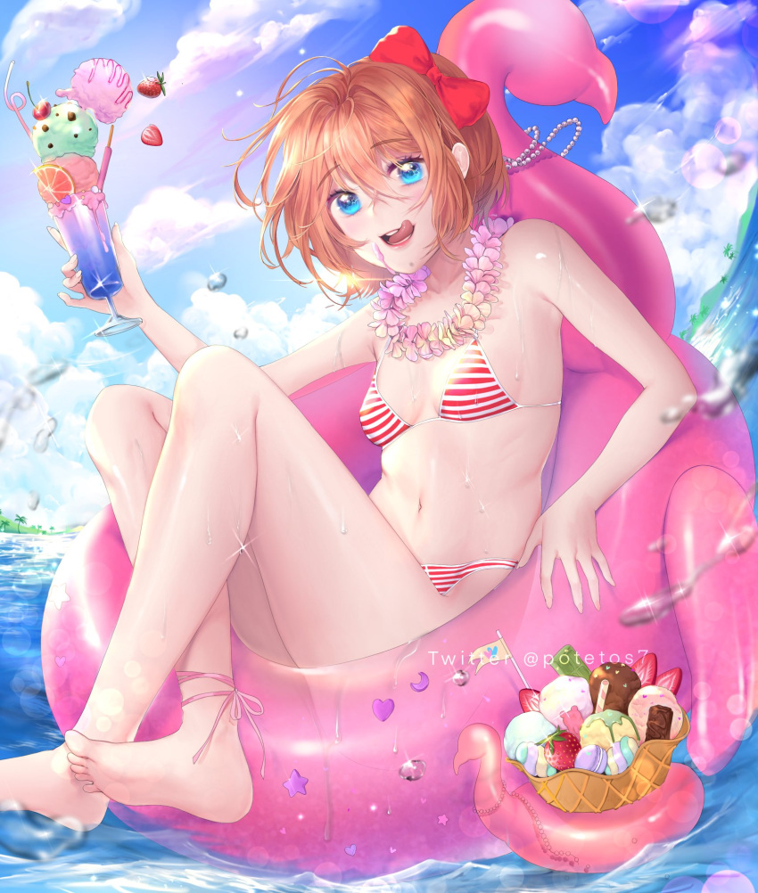 1girl :d ankle_ribbon bang bare_arms bare_shoulders barefoot bikini blue_eyes blue_sky bow breasts brown_hair cherry clouds commentary day doki_doki_literature_club english_commentary eyebrows_visible_through_hair feet finger_gun flower_wreath food food_on_face fruit hair_between_eyes hair_bow highres ice_cream ice_cream_scoop innertube looking_at_viewer macaron navel open_mouth outdoors parfait pink_ribbon potetos7 red_bow ribbon sayori_(doki_doki_literature_club) short_hair sky small_breasts smile solo strawberry striped striped_bikini swimsuit toes tongue tongue_out twitter_username water water_drop