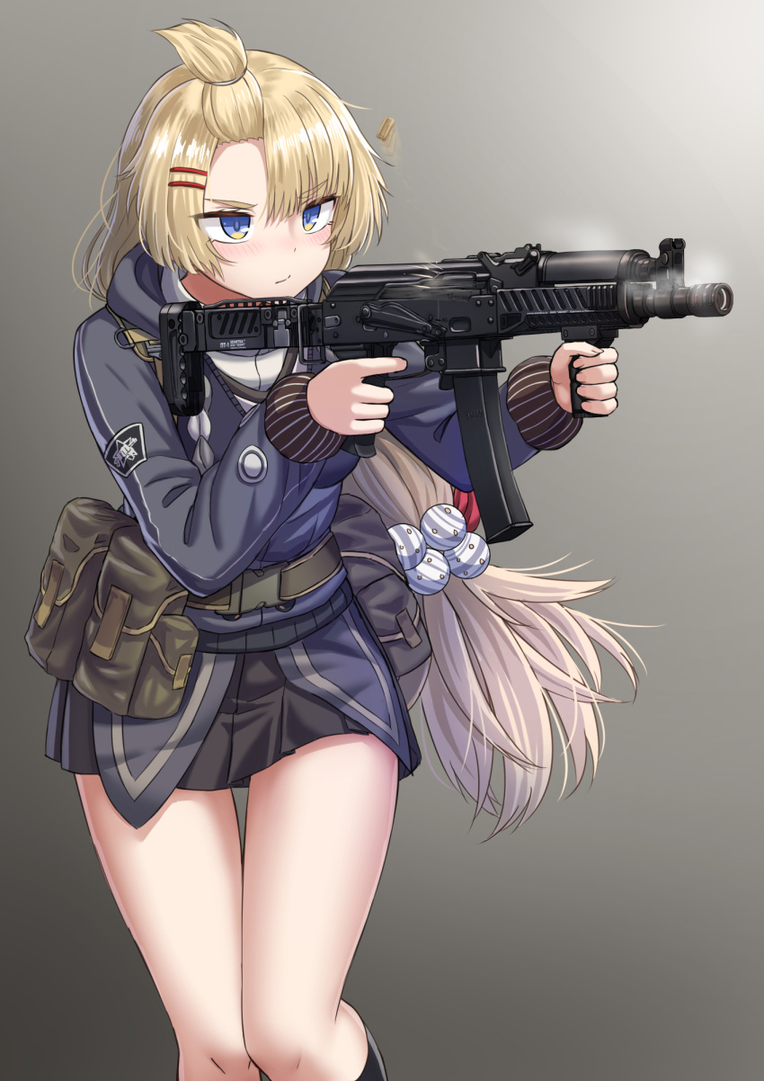 1girl belt blonde_hair blue_eyes cowboy_shot girls_frontline gun hair_ornament hairclip highres holding holding_gun holding_weapon long_hair ponytail pp-19-01 pp-19-01_(girls_frontline) shell_casing simple_background skirt smoke smoking_gun solo thick_thighs thighs trigger_discipline very_long_hair weapon yakob_labo