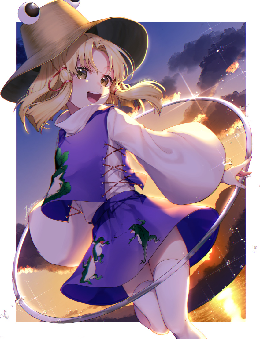 1girl :d animal_print bangs blonde_hair border brown_headwear clouds commentary_request diffraction_spikes dutch_angle flat_chest foot_out_of_frame frog_print glint hat head_tilt highres jill_07km leg_up long_sleeves looking_at_viewer medium_hair moriya_suwako open_mouth outside_border parted_bangs purple_skirt purple_vest pyonta shirt sidelocks signature skirt sky smile solo standing thigh-highs touhou turtleneck twilight twisted_torso upper_teeth vest water white_legwear white_shirt wide_sleeves yellow_eyes zettai_ryouiki
