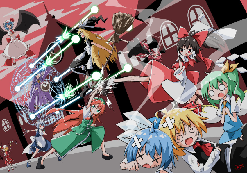 6+girls bat_wings blonde_hair blue_hair bow braid cirno crystal daiyousei dress fang fighting flandre_scarlet frilled_dress frills gem generalcanon green_hair hair_ornament hair_tubes hakurei_reimu hat hat_ribbon highres hong_meiling ice ice_wings izayoi_sakuya kirisame_marisa long_hair maid mob_cap multiple_girls patchouli_knowledge red_bow red_dress red_eyes remilia_scarlet ribbon rumia scarlet_devil_mansion shirt short_hair skirt the_embodiment_of_scarlet_devil touhou white_shirt wings witch witch_hat