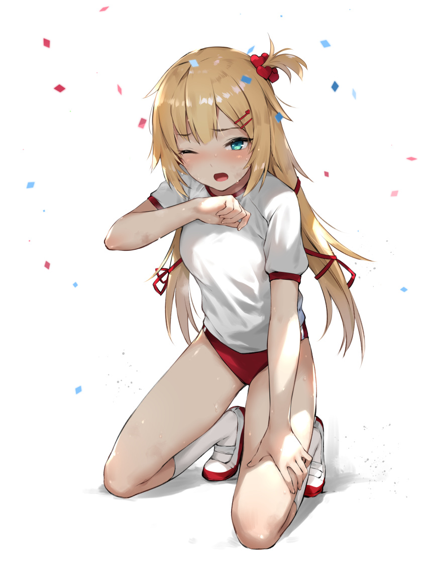 1girl absurdres akai_haato aqua_eyes blonde_hair blush bobby_pin buruma eyebrows_visible_through_hair gym_uniform hair_ribbon highres hololive kneeling legs long_hair one_eye_closed open_mouth red_buruma ribbon shoes side_ponytail simple_background socks solo sweat sweatdrop sweating_profusely thighs uwabaki virtual_youtuber white_background white_legwear xie_yizhen