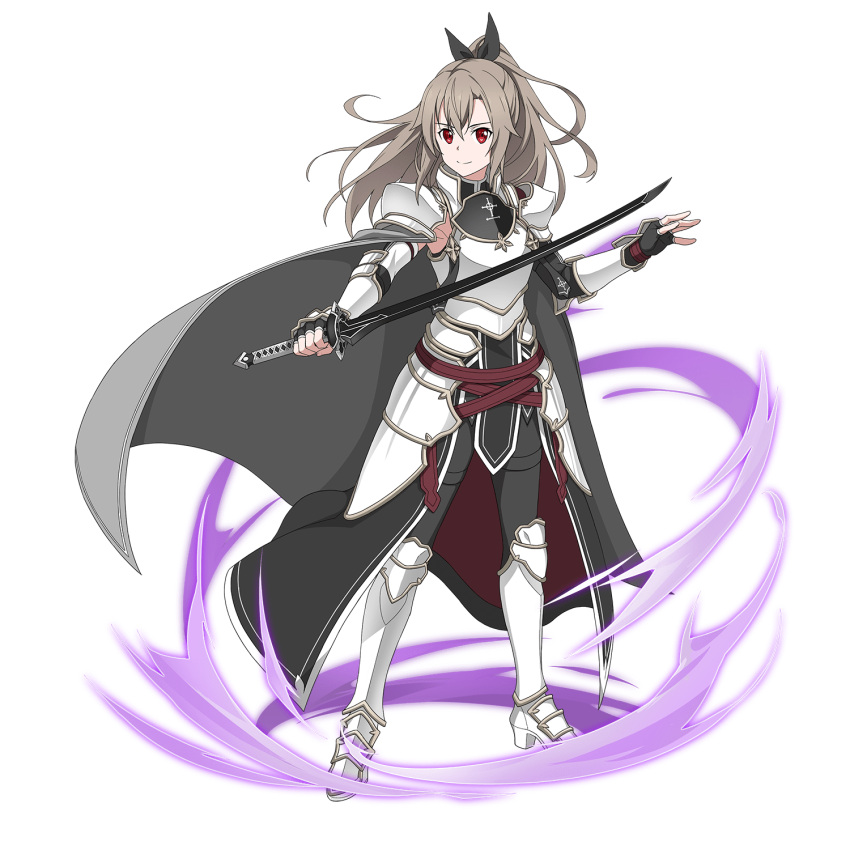 1girl armor armored_boots bangs black_bow black_gloves black_pants boots bow breastplate cape character_request closed_mouth faulds fingerless_gloves floating_hair full_body gloves grey_cape grey_hair hair_between_eyes hair_bow high_ponytail highres holding holding_sword holding_weapon knee_boots long_hair official_art pants red_eyes shoulder_armor smile solo spaulders standing sword sword_art_online sword_art_online:_memory_defrag transparent_background waist_cape weapon white_footwear