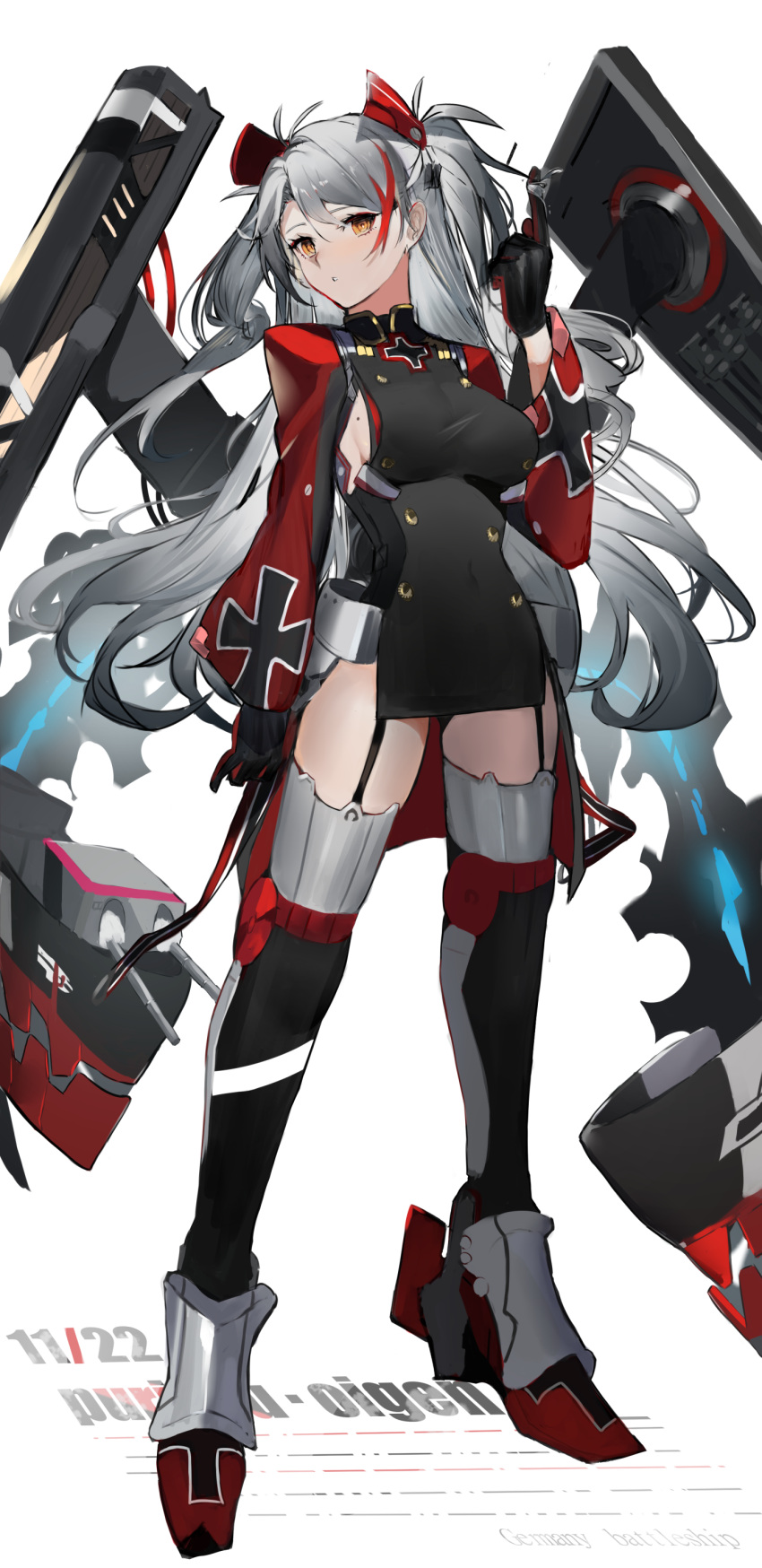 1girl absurdres azur_lane black_gloves boots breasts full_body gloves hair_between_eyes hair_ribbon highres long_hair looking_at_viewer medium_breasts mole mole_on_breast multicolored_hair pamdaudonn0331 prinz_eugen_(azur_lane) red_eyes redhead ribbon rigging silver_hair simple_background solo streaked_hair thigh-highs twintails two-tone_hair