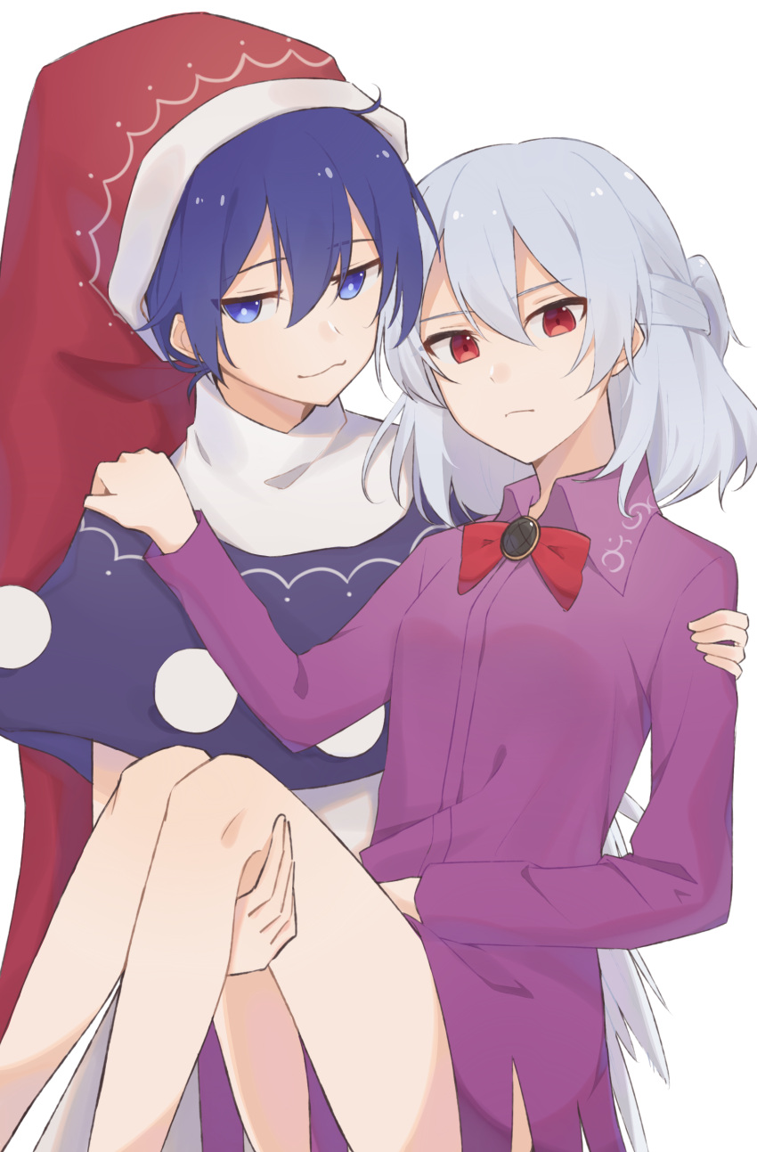 2girls :3 absurdres bare_legs blue_eyes blue_hair breasts bright_pupils closed_mouth commentary_request doremy_sweet dress feet_out_of_frame hand_on_another's_shoulder hat highres idaku kishin_sagume long_sleeves multiple_girls nightcap no_jacket pom_pom_(clothes) poncho purple_dress red_eyes red_headwear short_hair silver_hair simple_background small_breasts touhou upper_body white_background yuri