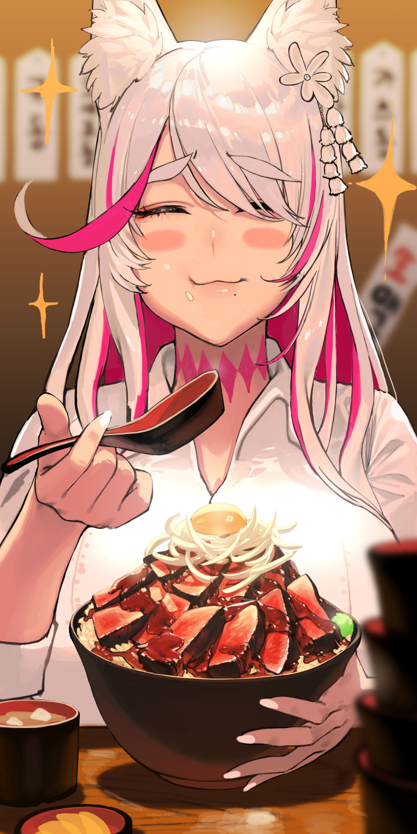1girl absurdres animal_ears blush bowl destiny_child donburi food food_in_mouth food_on_face fox_ears fox_tail happy highres huge_filesize meat miso_soup mole mole_under_mouth shirt spoon star_(symbol) tail tamamo_(destiny_child) white_hair white_shirt zig90