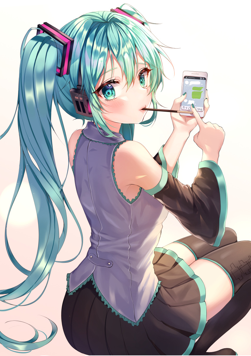 1girl absurdres aina_156cm aqua_eyes aqua_hair bangs bare_shoulders black_footwear black_skirt black_sleeves blush boots cellphone detached_sleeves eyebrows_visible_through_hair food food_in_mouth from_behind green_nails grey_shirt hatsune_miku headphones highres holding holding_phone huge_filesize long_hair long_sleeves looking_at_viewer looking_back miniskirt mouth_hold nail_polish phone pink_lips pleated_skirt pocky shirt sitting skirt smartphone solo thigh-highs thigh_boots twintails very_long_hair vocaloid whatsapp zettai_ryouiki
